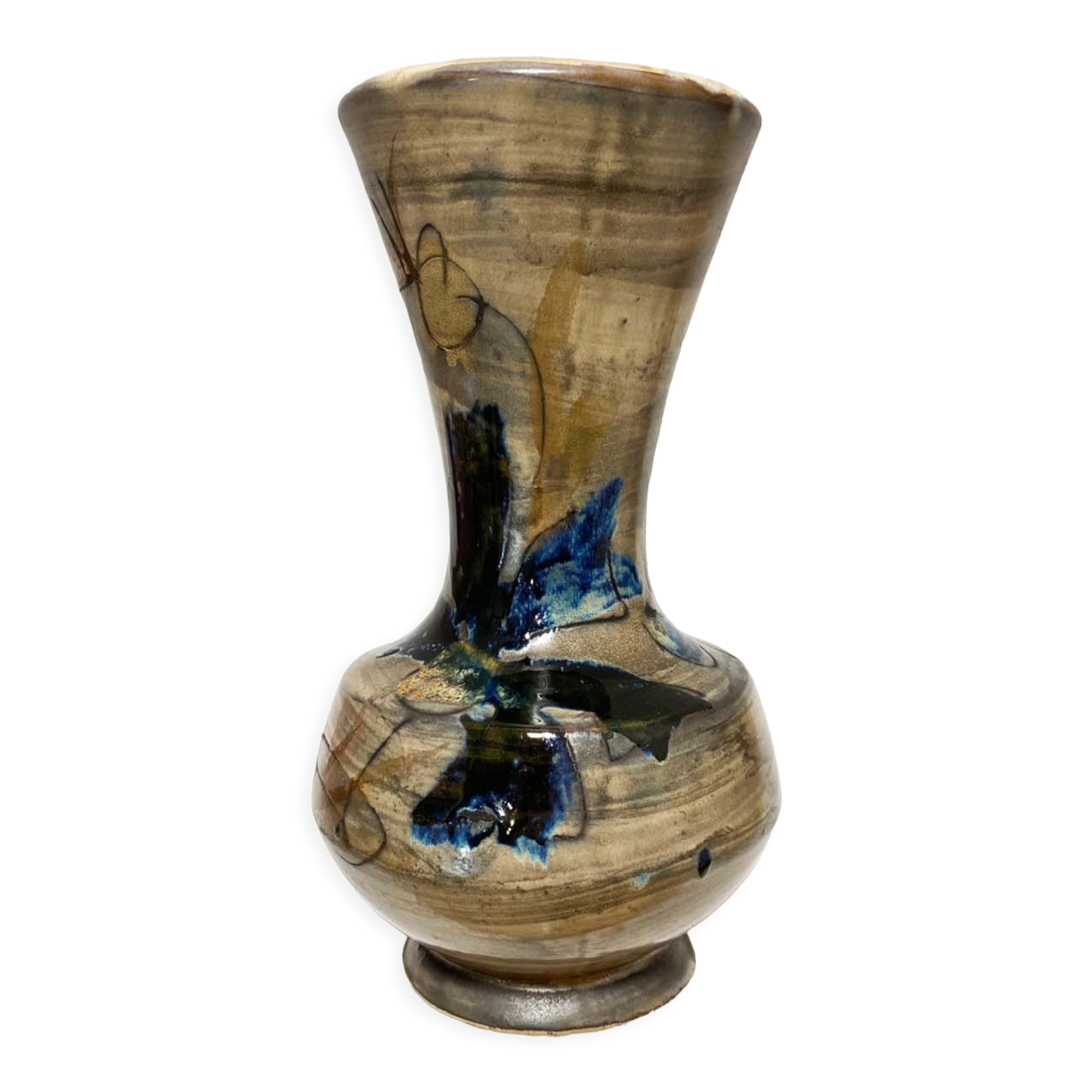 Ceramic vase of vallauris, midnight blue iris décor, 24 cm