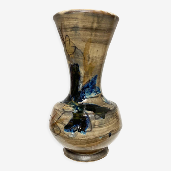 Vase en céramique de Vallauris, décor Iris bleu nuit, 24 cm