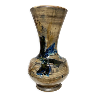 Ceramic vase of vallauris, midnight blue iris décor, 24 cm