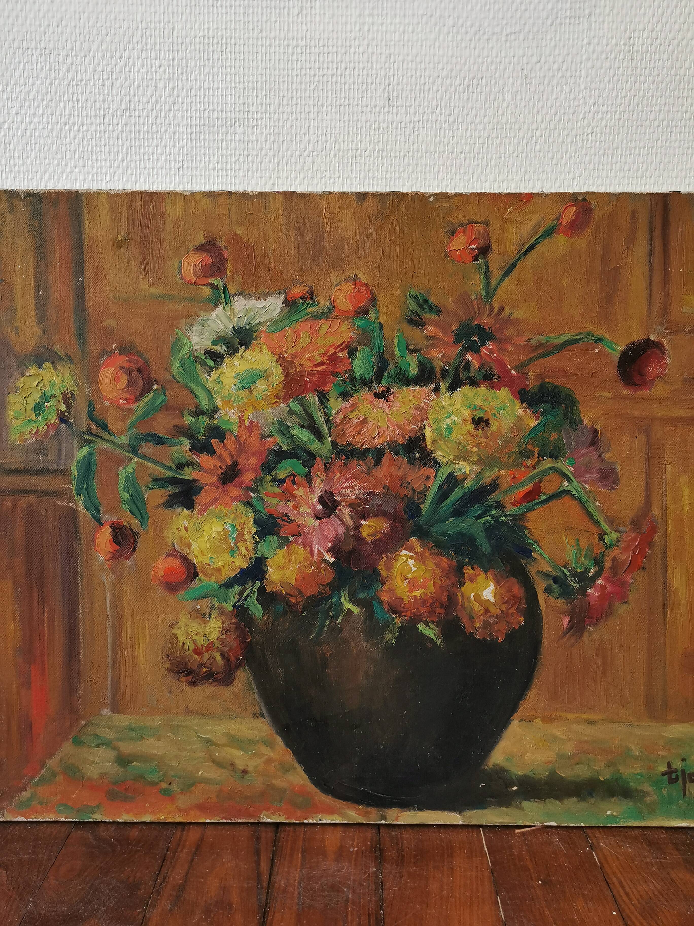 Ancient oil painting on canvas bouquet of flowers