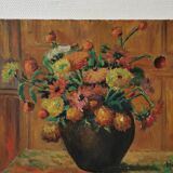 Tableau ancien huile sur toile bouquet de fleurs