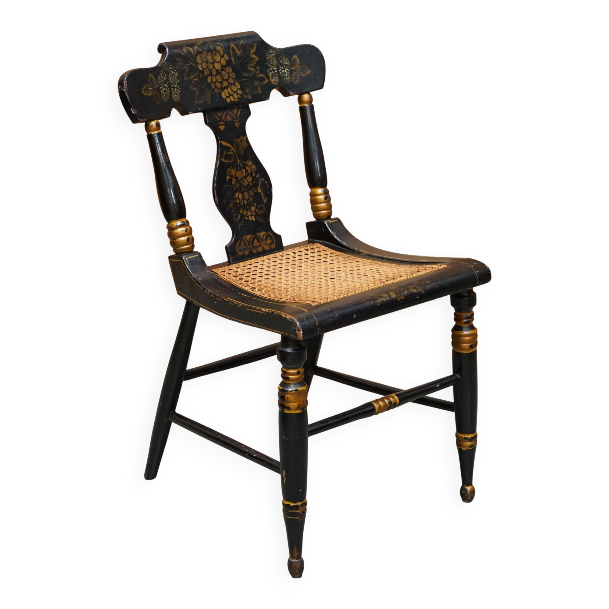 Georgian side bergère circa 1825, ebonised and hand-painted in Baltimore style.