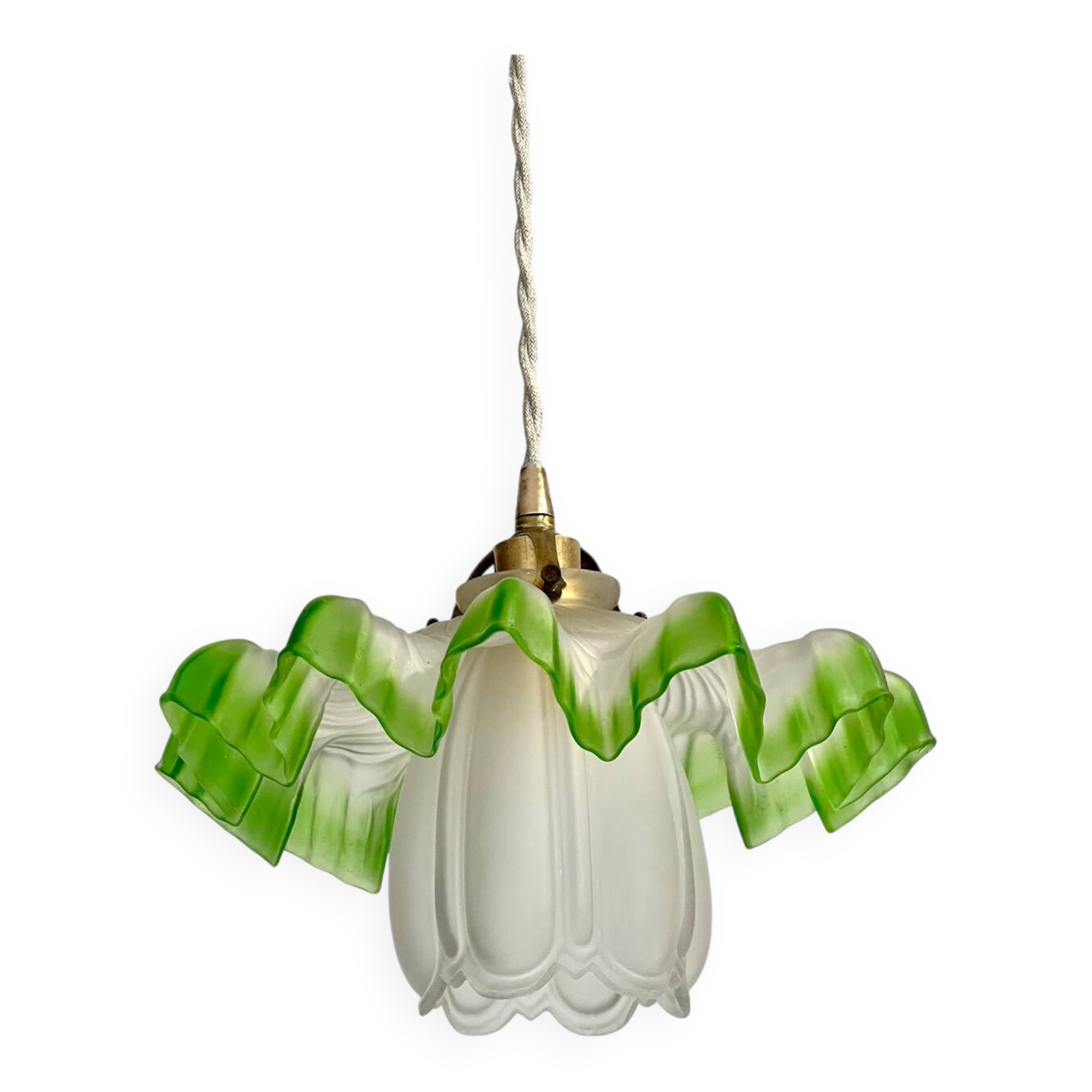 Suspension vintage opaline plissée verte et tulipe verre art déco