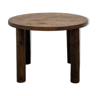 Modernist round table, solid oak, cylindrical pine base, DLG Perrian.