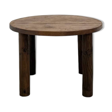 Modernist round table, solid oak, cylindrical pine base, DLG Perrian.