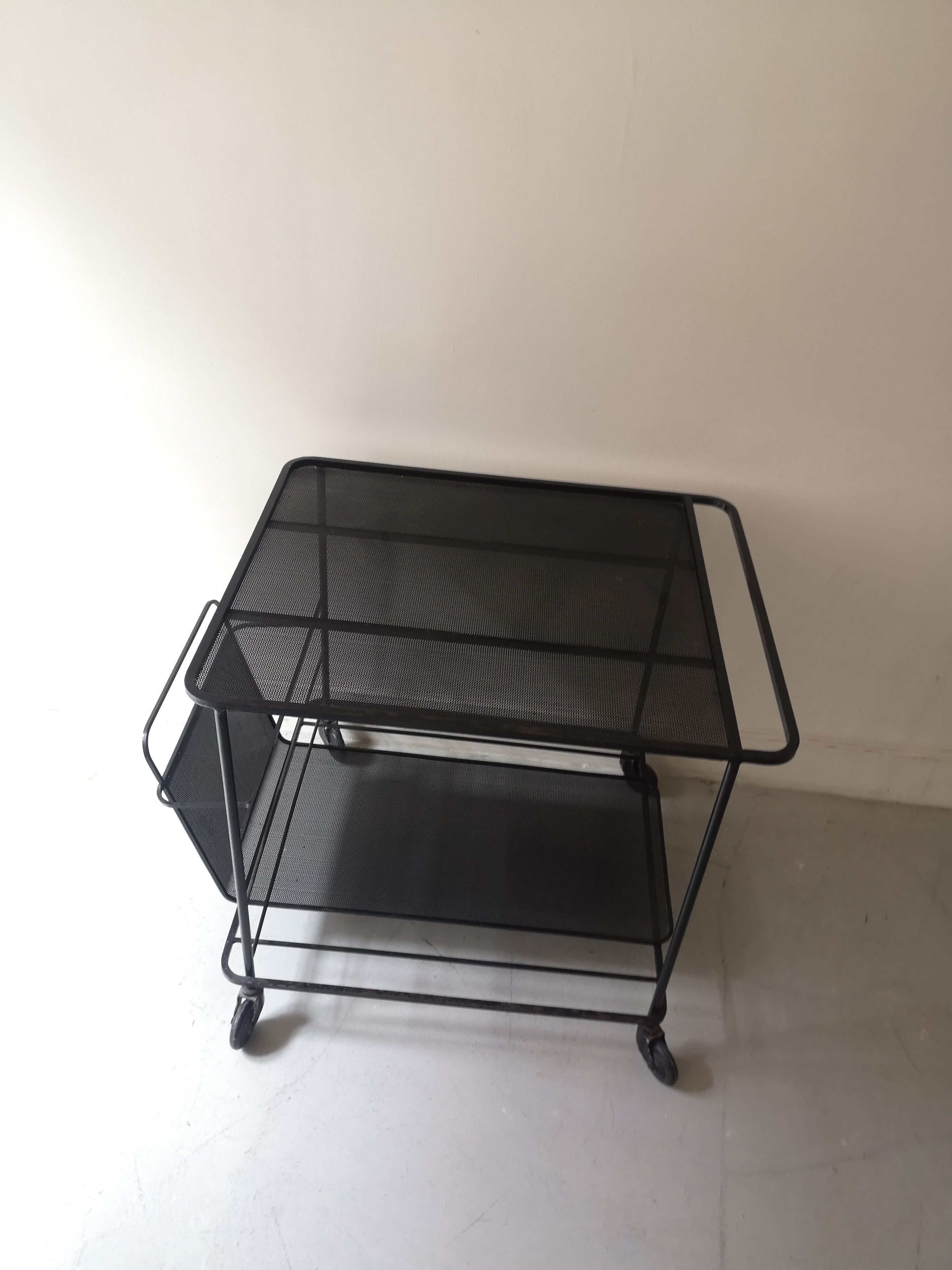 Perforated black metal trolley service, Matégot 1950 design