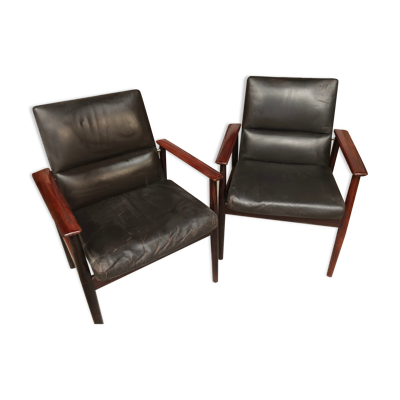 Fauteuils danois cuir et palissandre pour sibast années 70