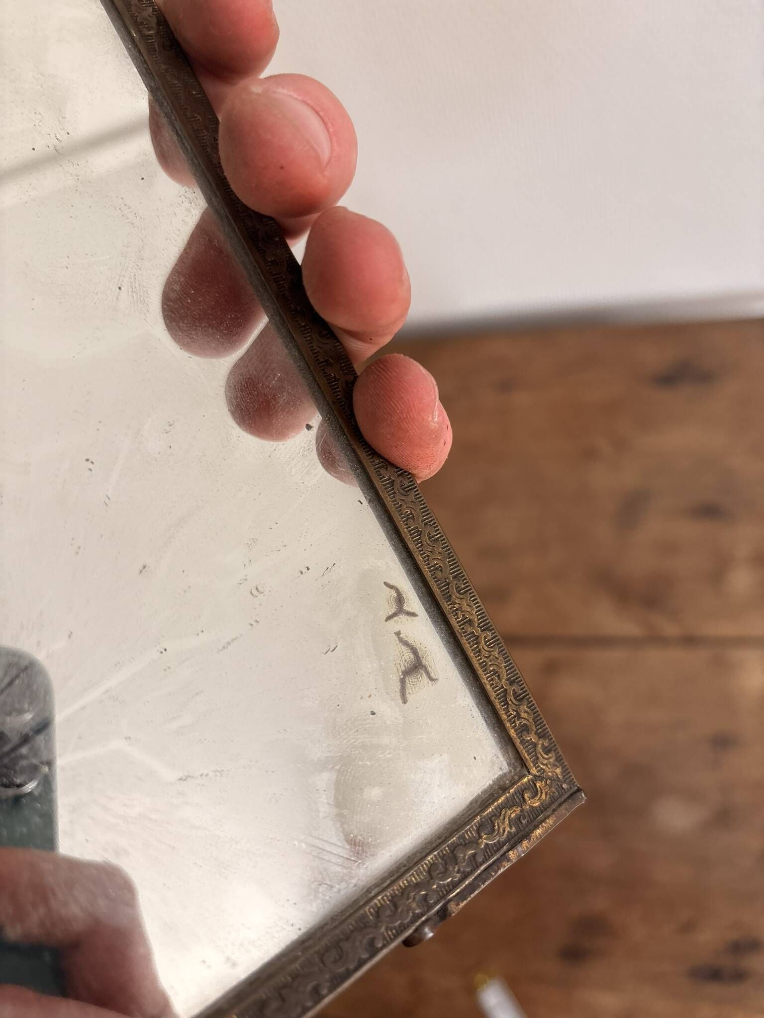 Antique Courteous Mirror Hanging Gallant Scene 19th Century Barber Chainette