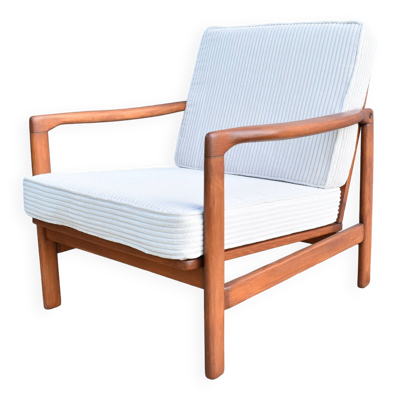 Fauteuil scandinave original, tapissé, velours côtelé beige, années 1960