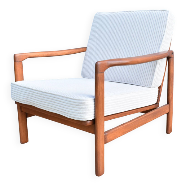 Fauteuil scandinave original, tapissé, velours côtelé beige, années 1960