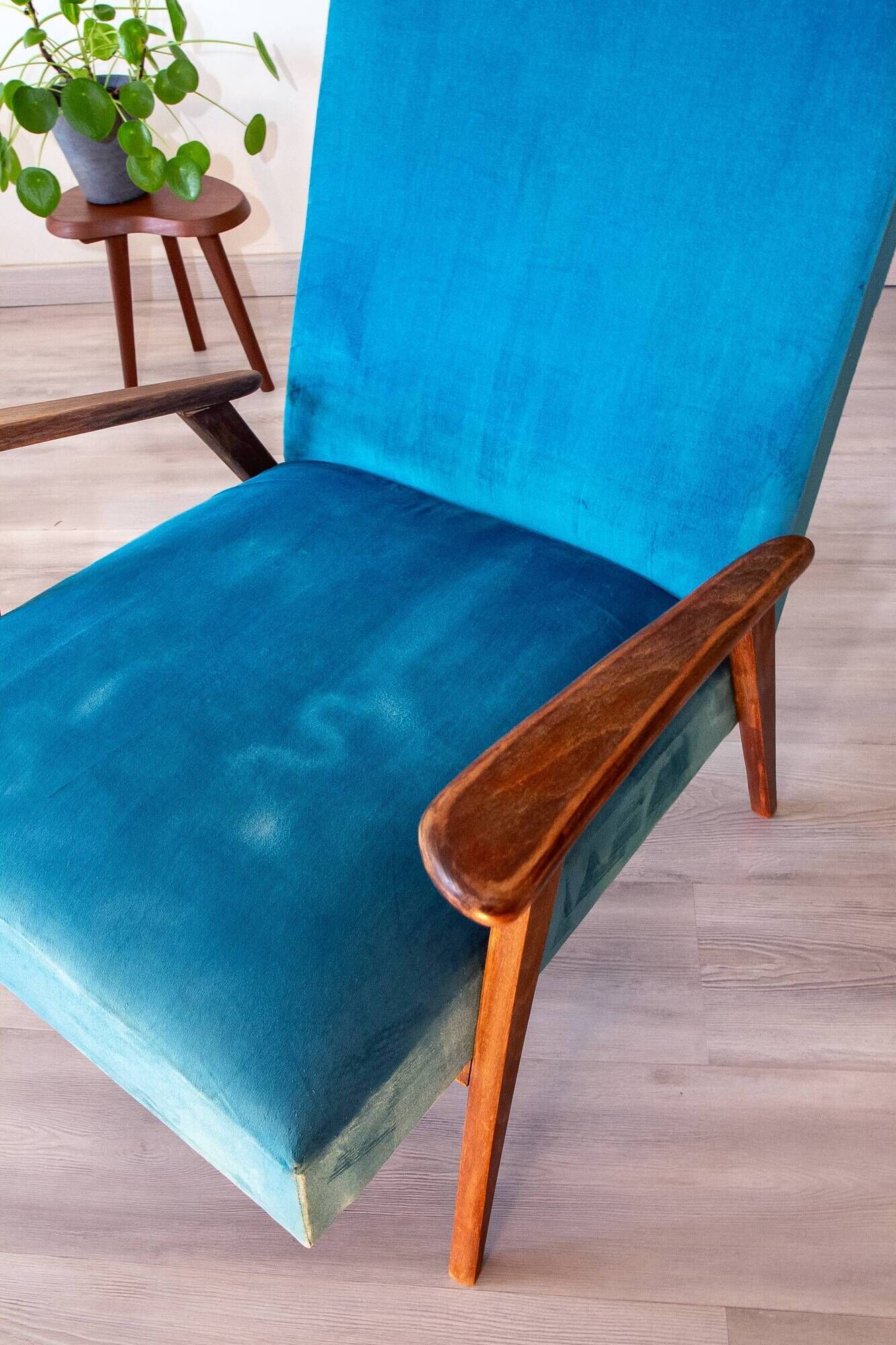 Scandinavian velvet armchair in duck blue, 1950s-60s.