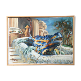 Oil on canvas "Salamander of Parc Guelle - Barcelona"