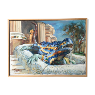 Oil on canvas "Salamander of the Park Guelle - Barcelona"