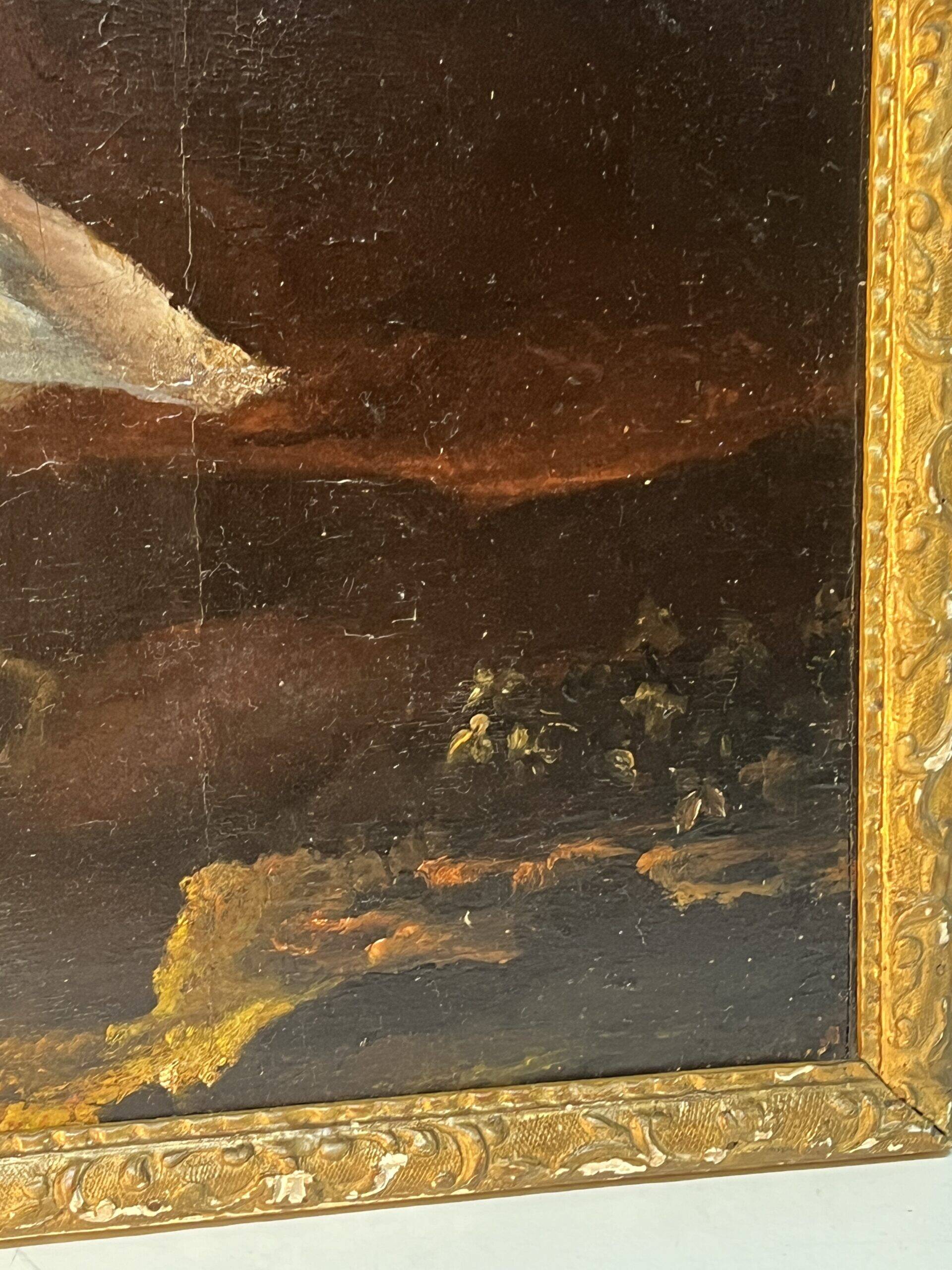 Beautiful religious work from the 17th century, oil on panel representing Christ on his cross with Mary Magdalene at his feet