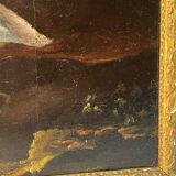 Beautiful religious work from the 17th century, oil on panel representing Christ on his cross with Mary Magdalene at his feet