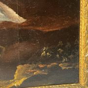 Beautiful religious work from the 17th century, oil on panel representing Christ on his cross with Mary Magdalene at his feet