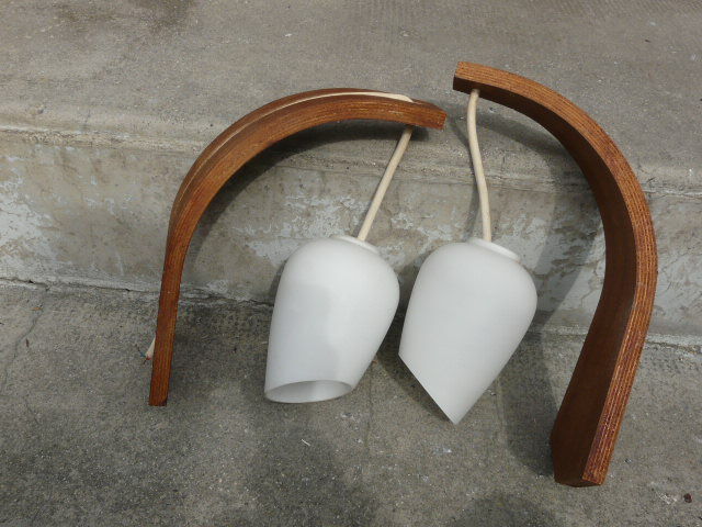 Pair of vintage Philips wood and opaline wall lamps