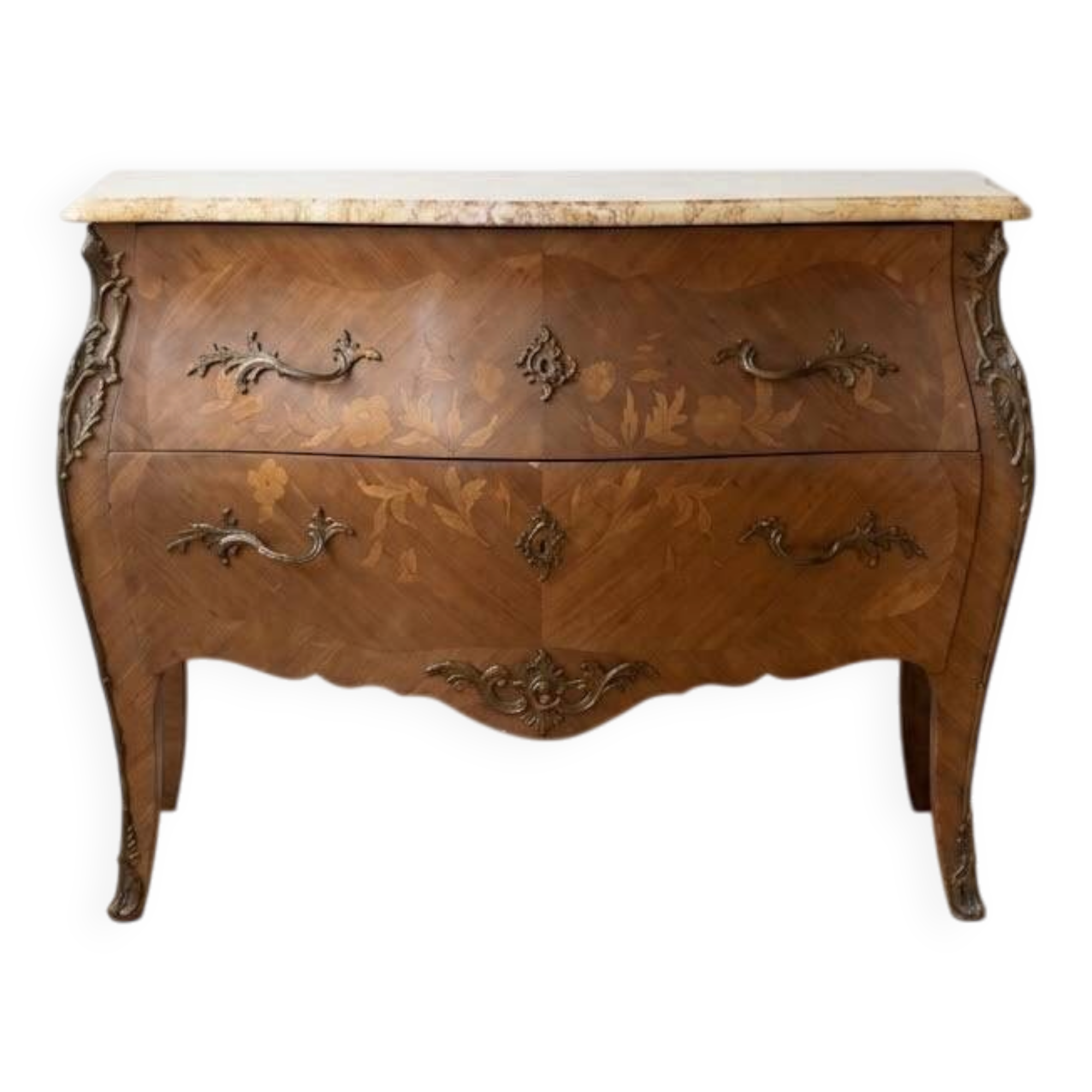 Curved Louis XV style commode in marquetry and marble.