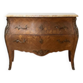 Curved Louis XV style commode in marquetry and marble.