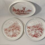 Set of 3 mismatched flat plates - red/burgundy decorations - deer and hare