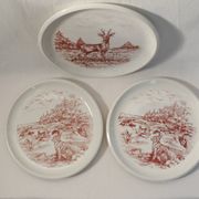 Set of 3 mismatched flat plates - red/burgundy decorations - deer and hare