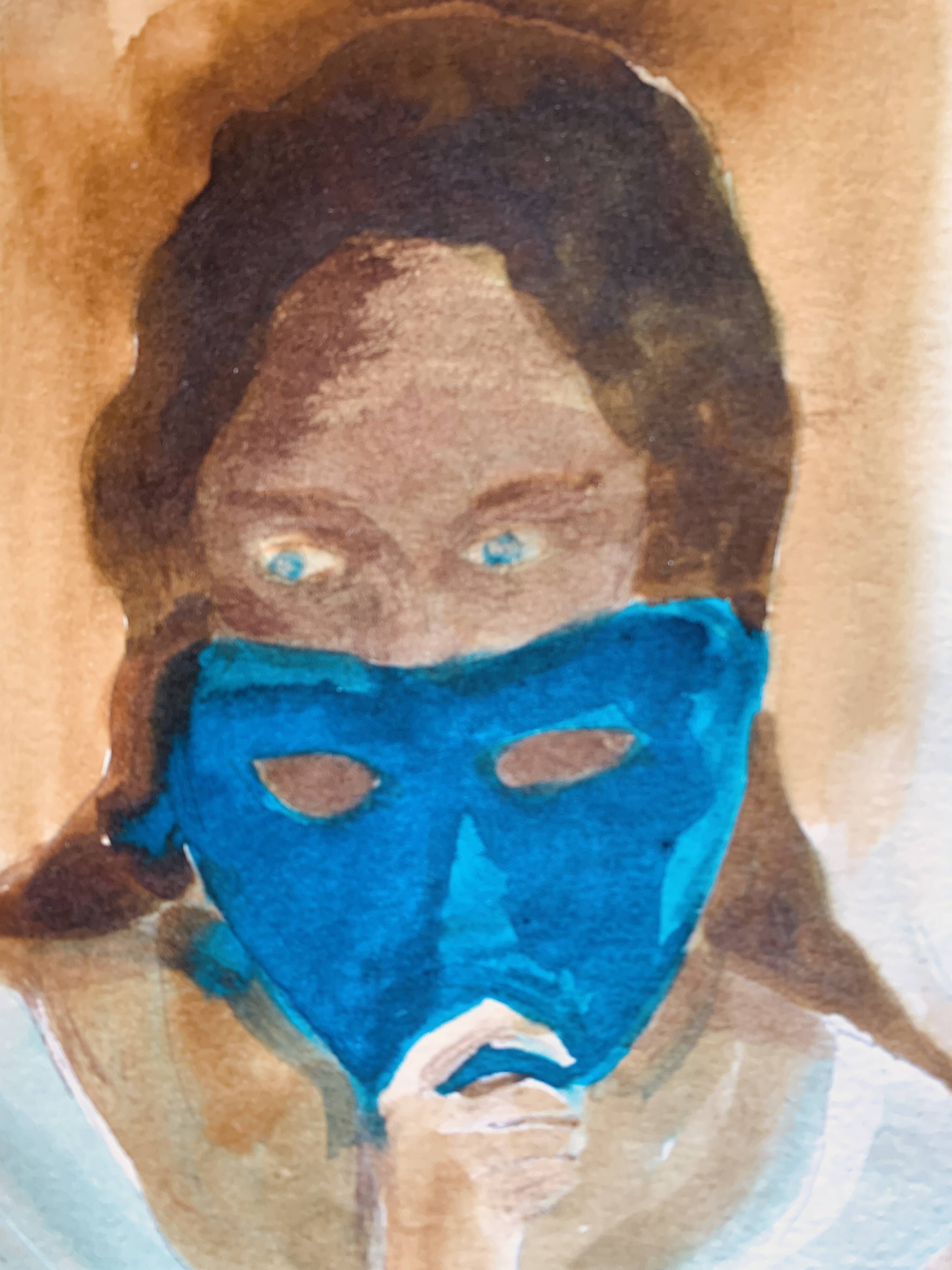 Signed painting of a female portrait at the Carnival of Venice "the blue mask"