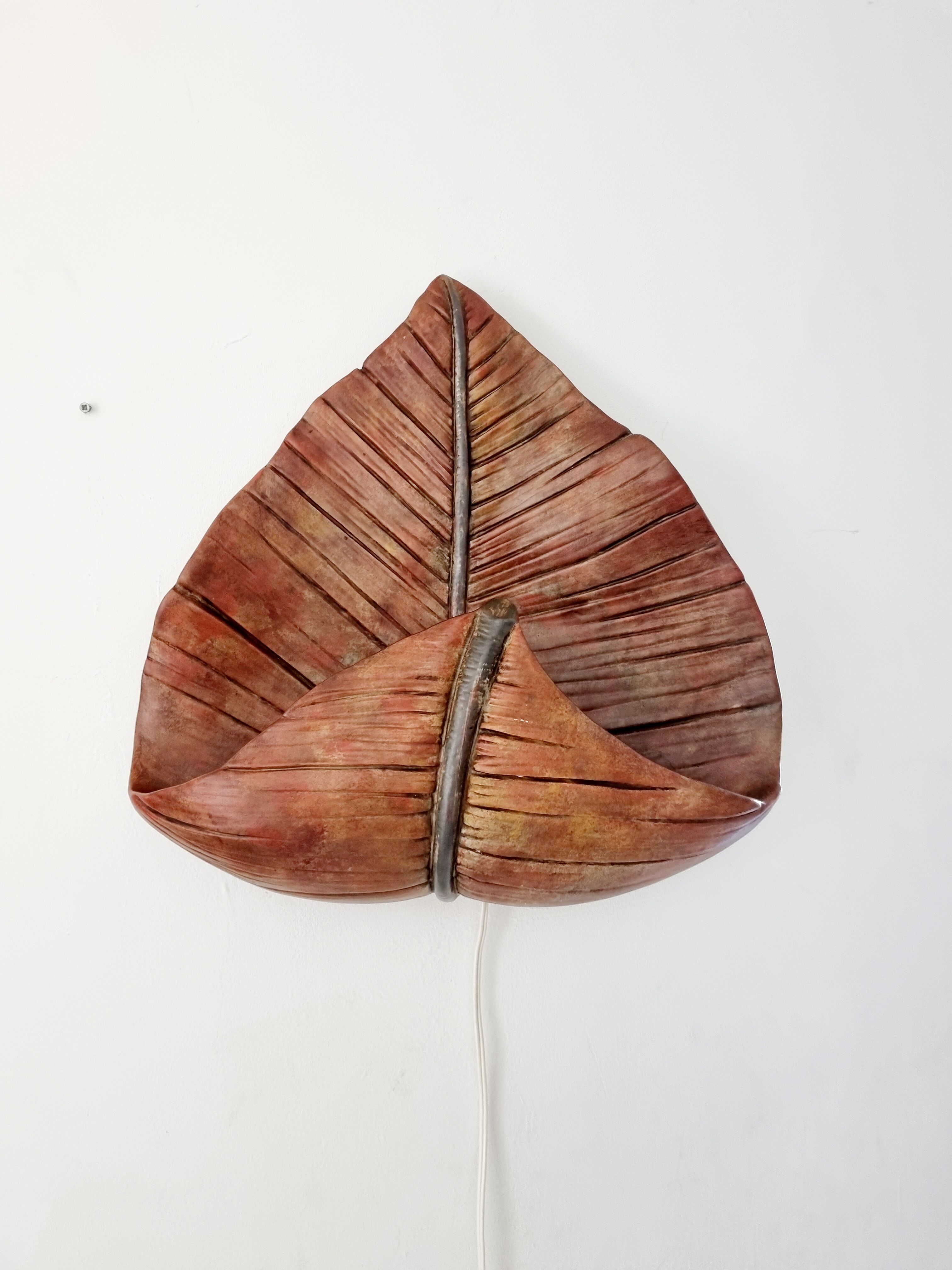 Mid-Century ceramic earthenware sconce, palm leaf shaped