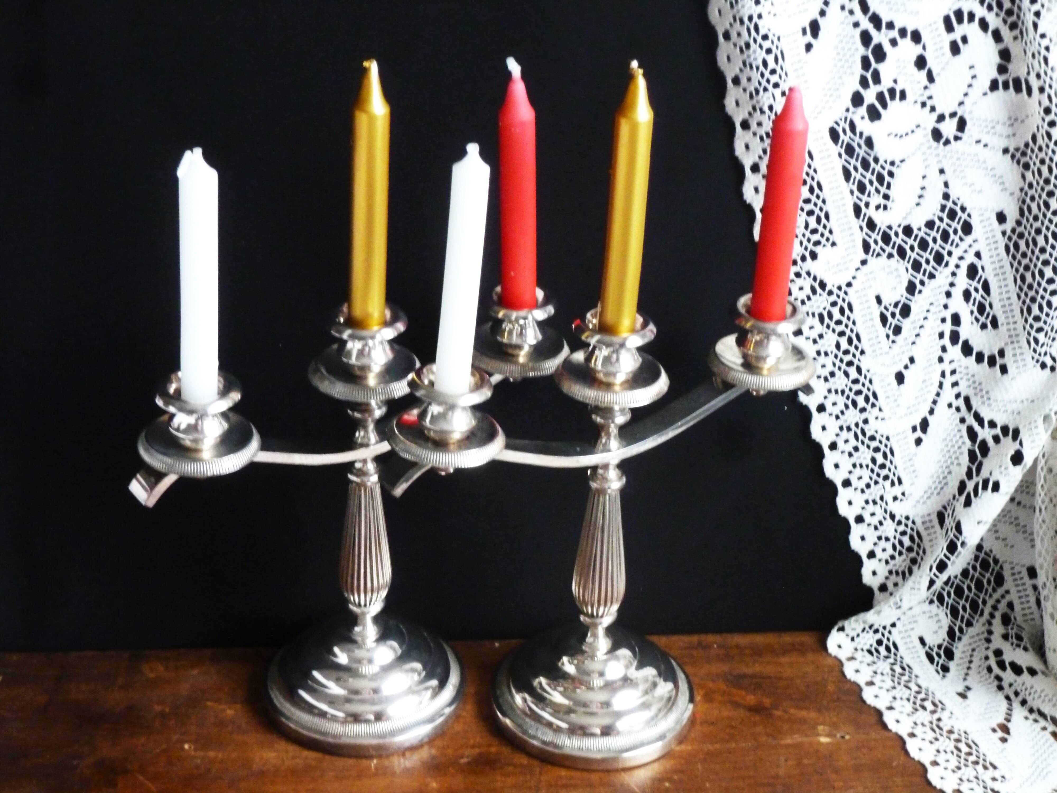 Pair of silver metal candlesticks / 3-branch silver metal candelabras.