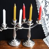 Pair of silver metal candlesticks / 3-branch silver metal candelabras.