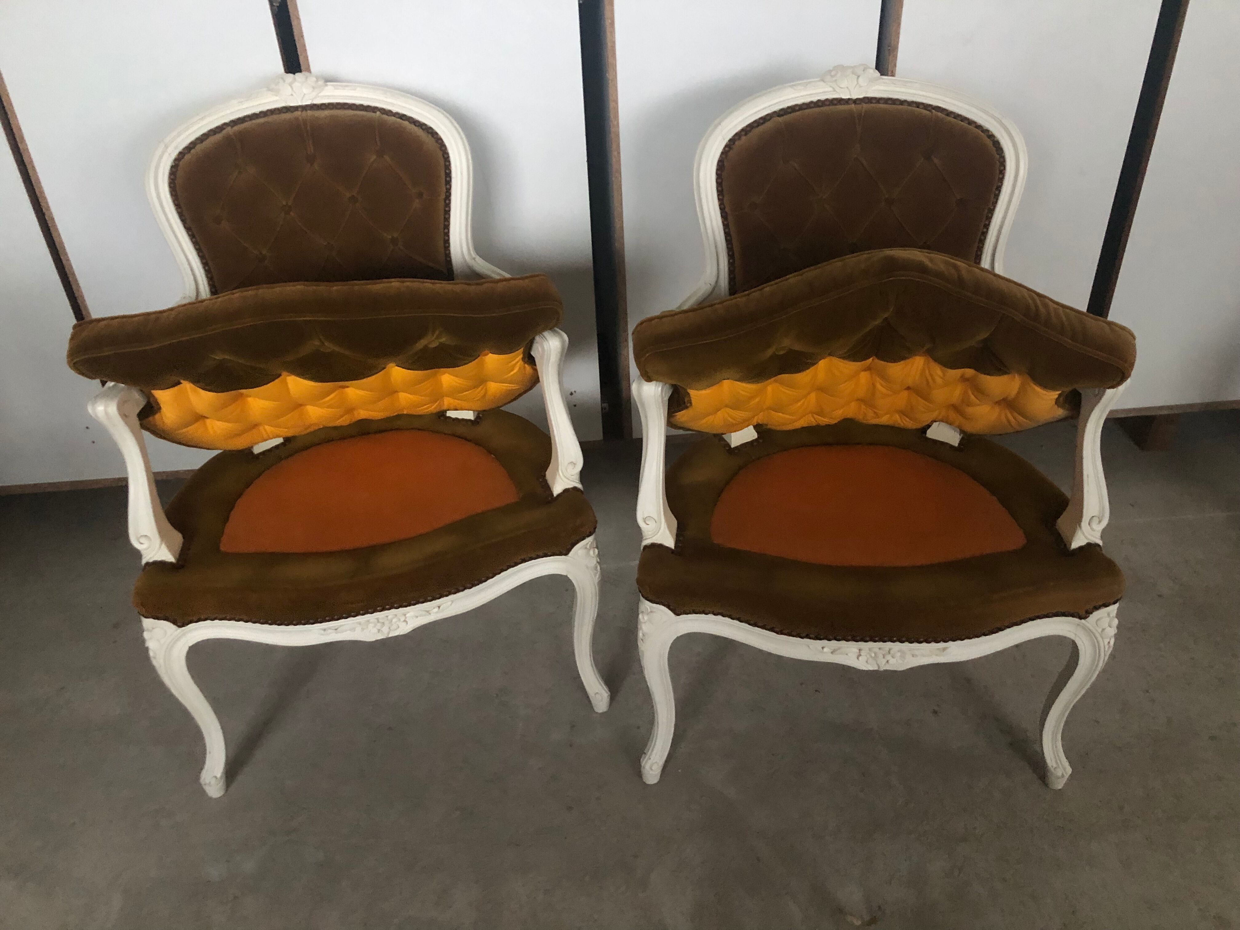 2 mustard yellow Louis XV convertible armchairs