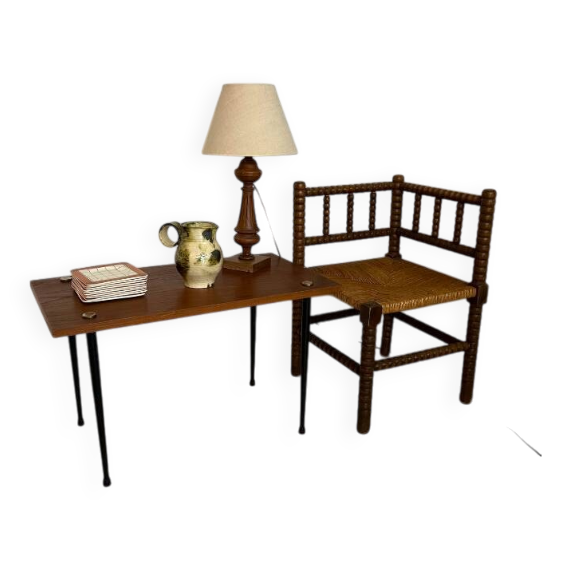Table basse vintage bois, laiton, métal