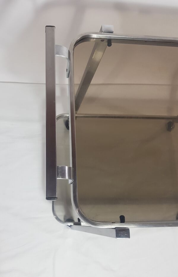 Chariot de service acier brossé et verre fumé années 70