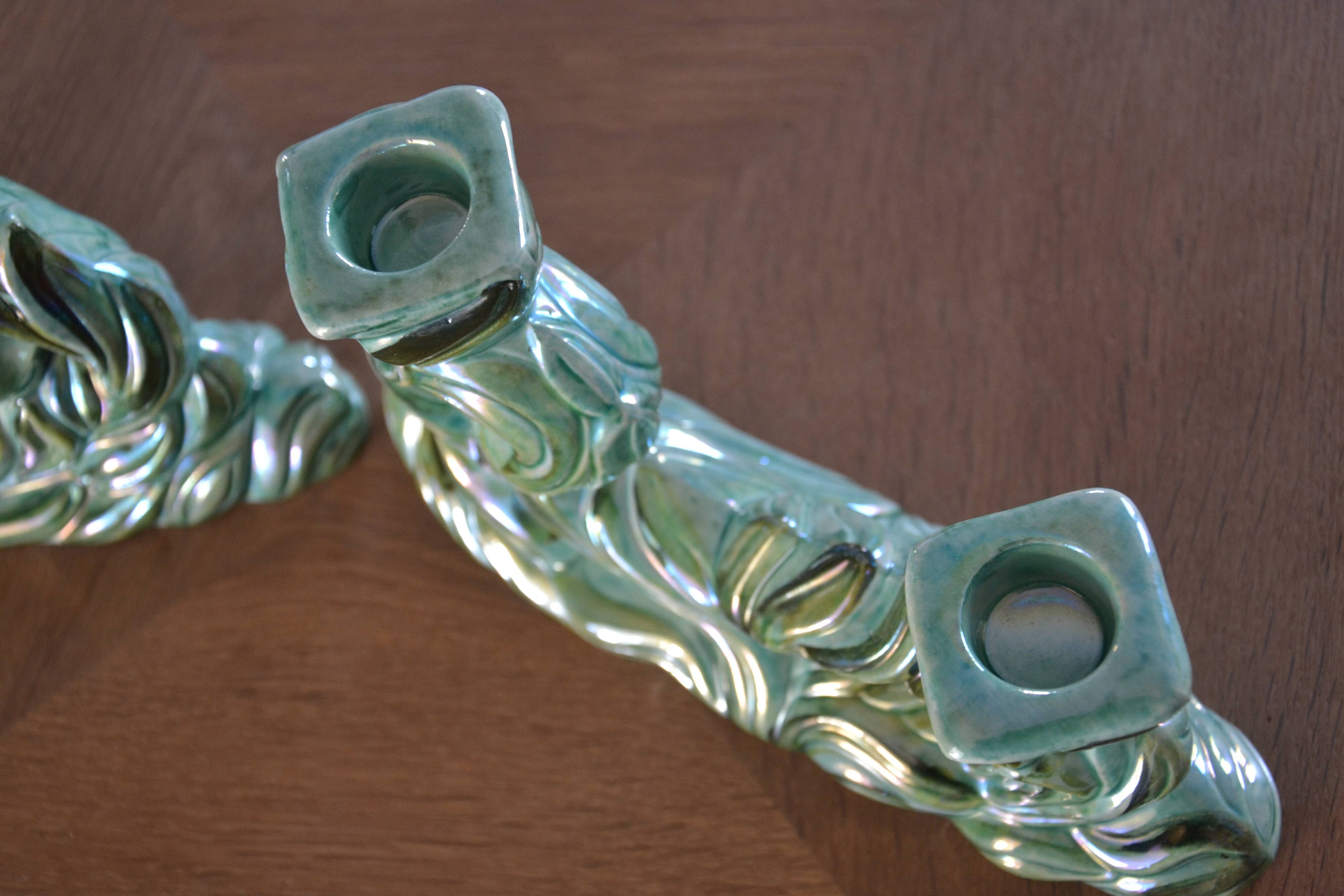 Pair of iridescent green ceramic Art Deco candlesticks