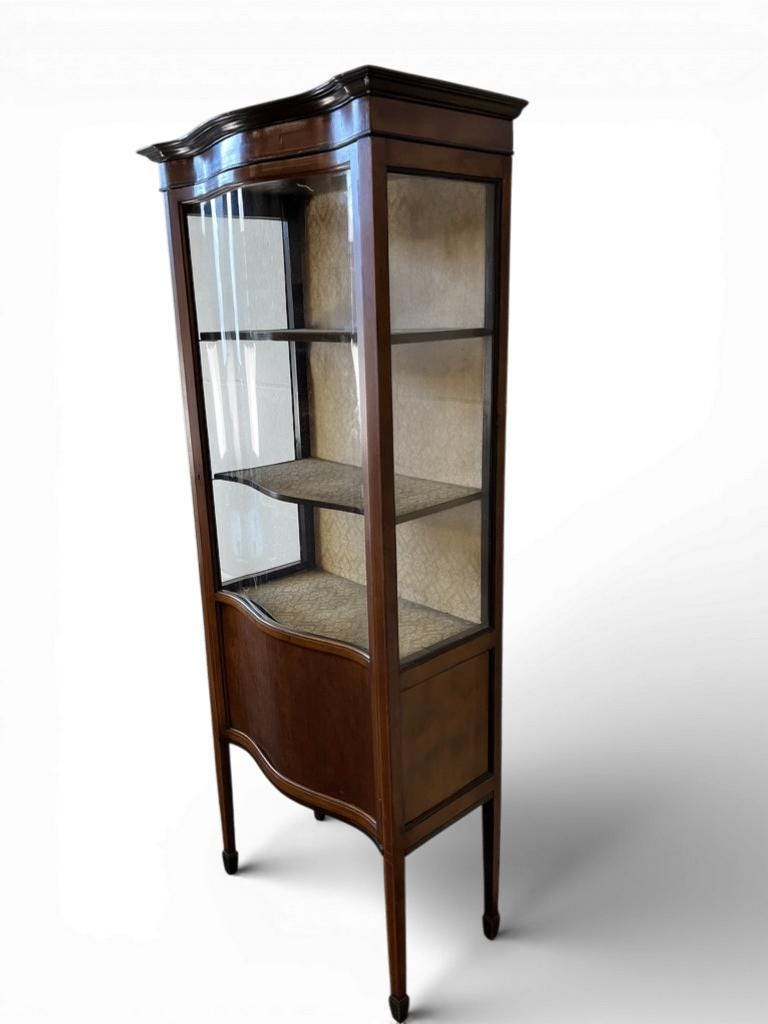 vintage wooden display cabinet with curved glass