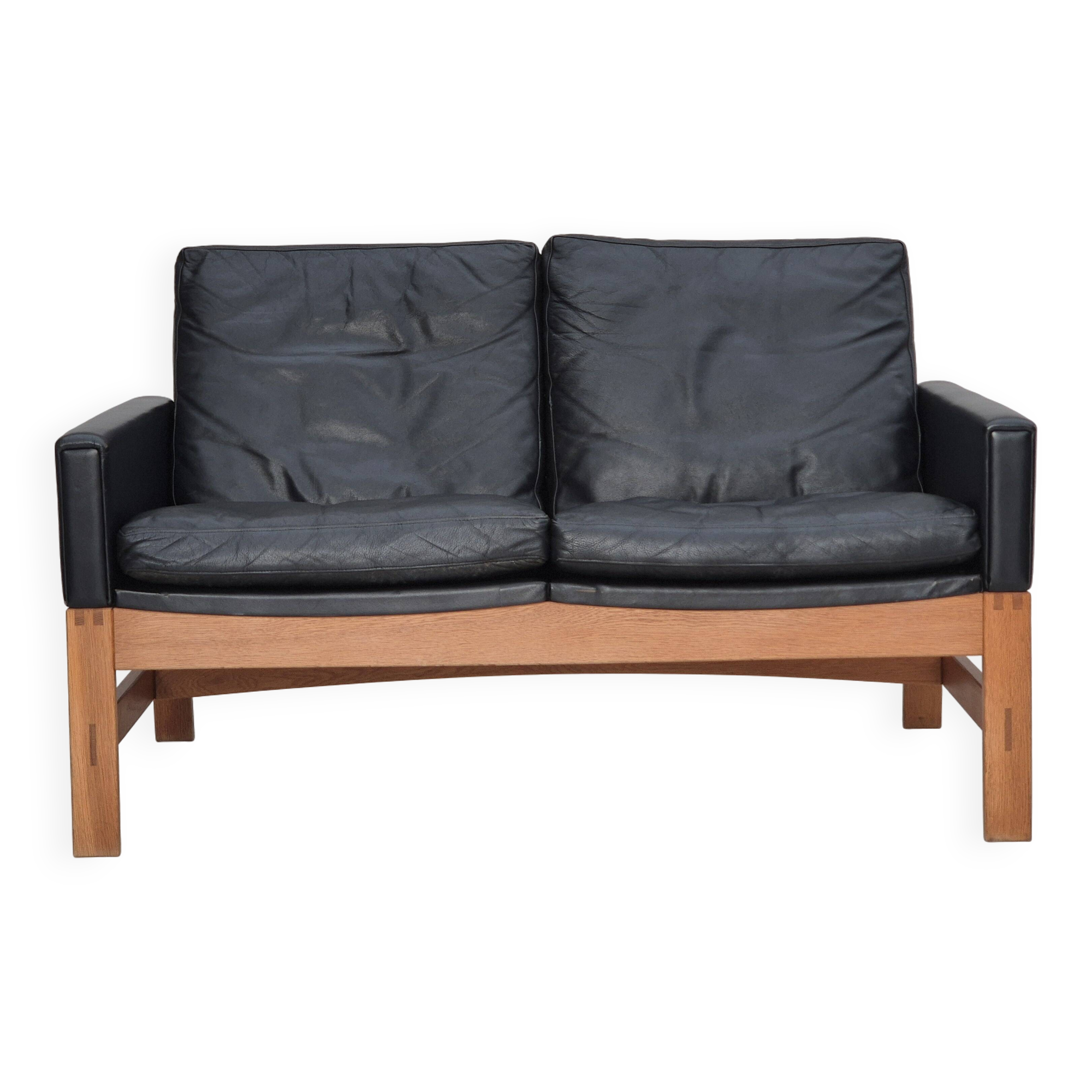 1960s, Danish 2-seater sofa in original condition, furniture leather, solid oak wood.