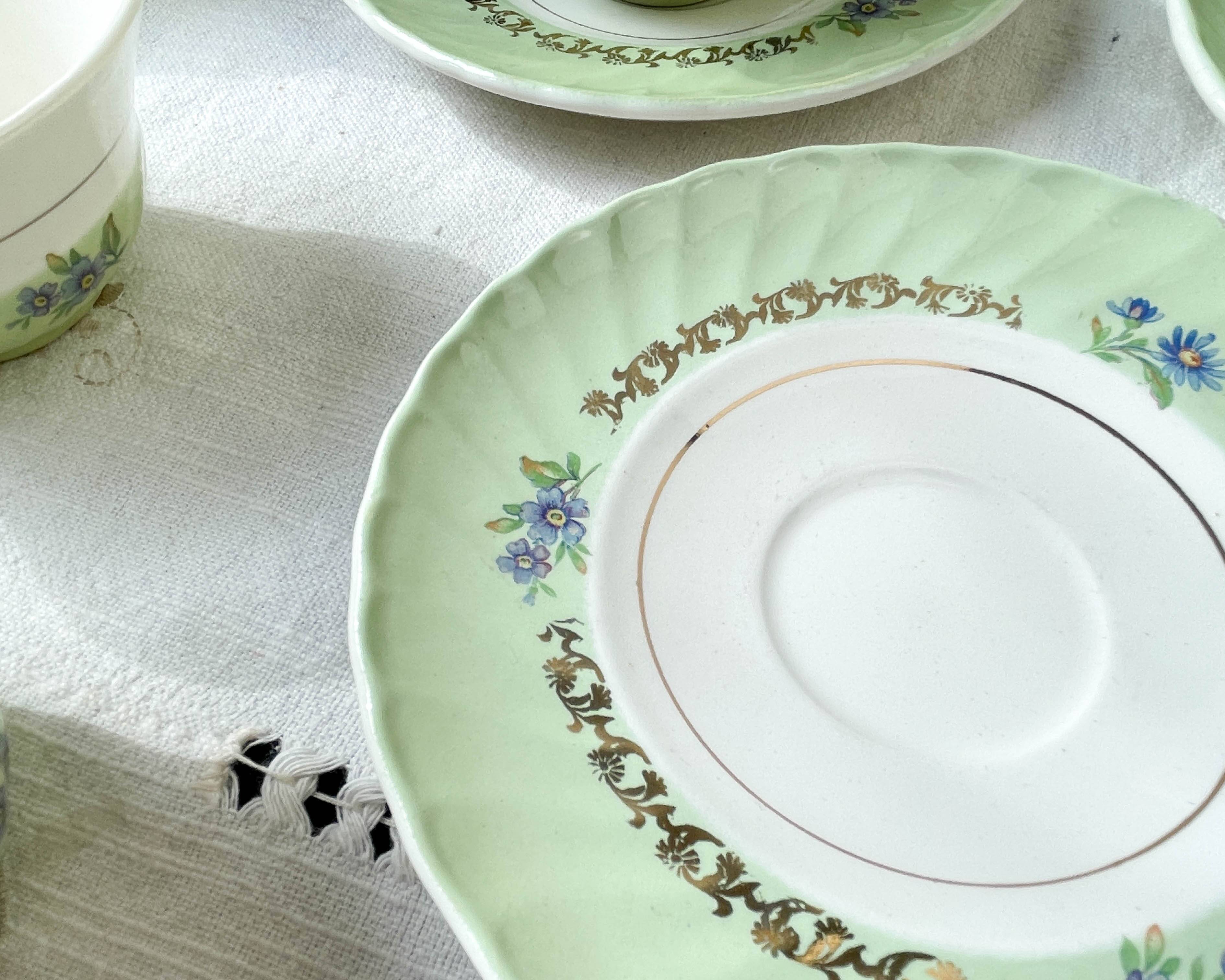 Vintage tea/coffee set in white, green and gold porcelain by SALINS, made in France