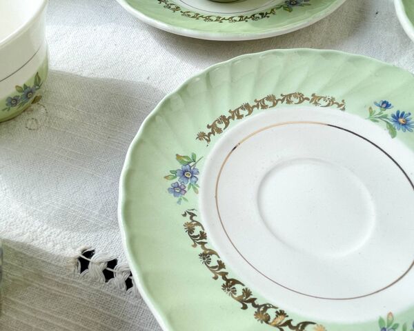 Service à thé/café vintage en porcelaine blanche verte dorée SALINS made in France