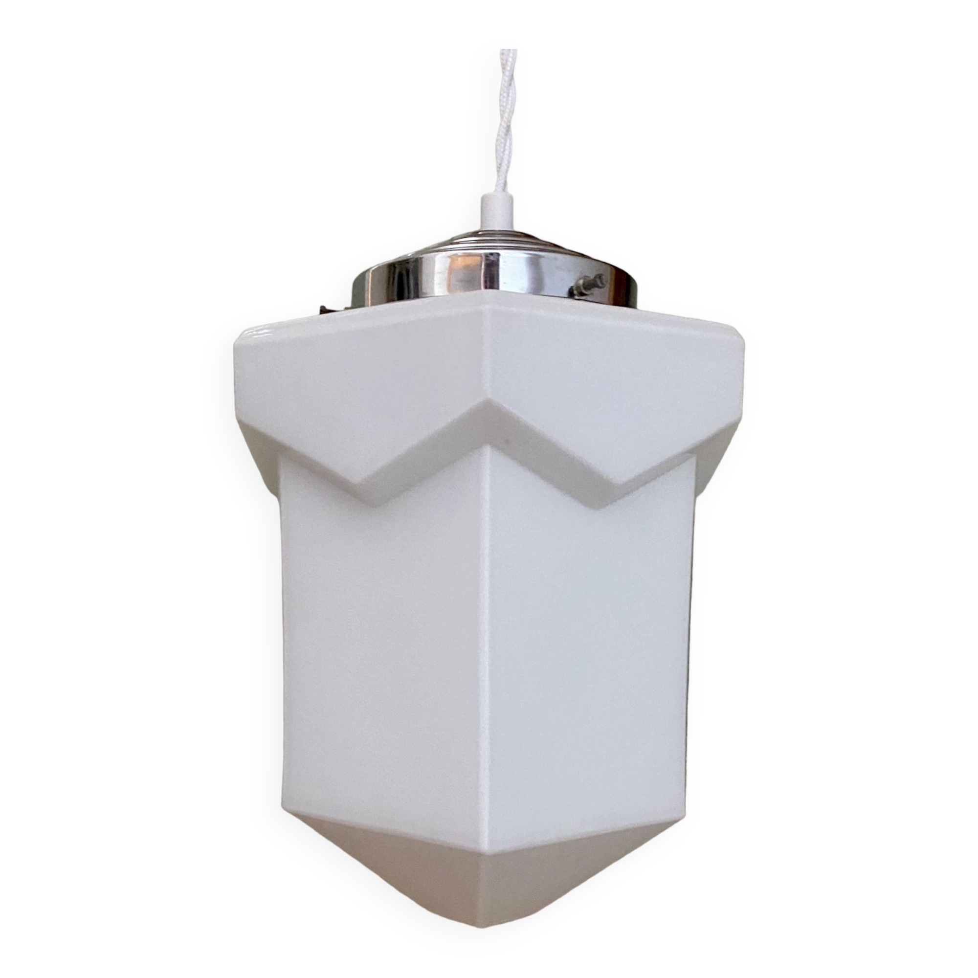 Suspension globe vintage art déco en opaline blanche
