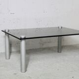 Coffee table cylindrical footings, tray smoked glass, circa 1970