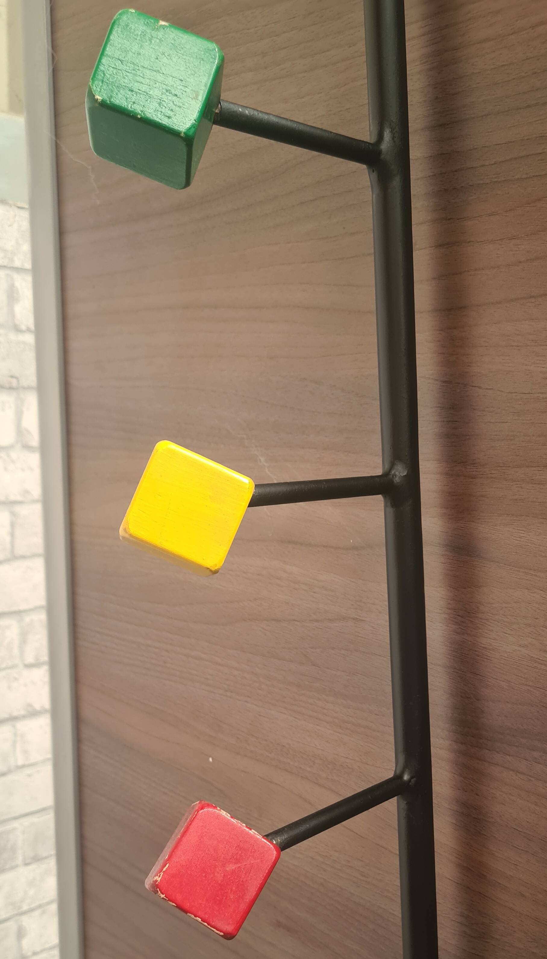 1950s metal and wood wall coat rack with mirror and umbrella stand