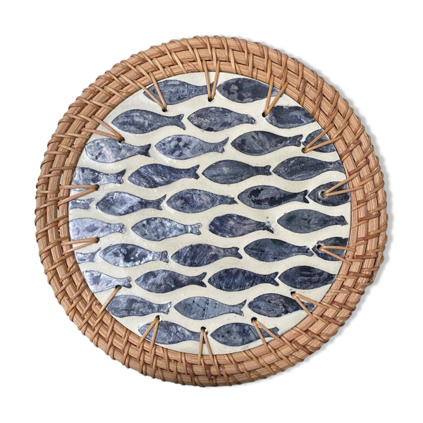 Dessous de plat artisanal en rotin et nacre décor poissons – Thaïlande