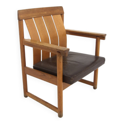 fauteuil en cuir et en chêne, Ferdinand Lundqvist, Suède, 1960