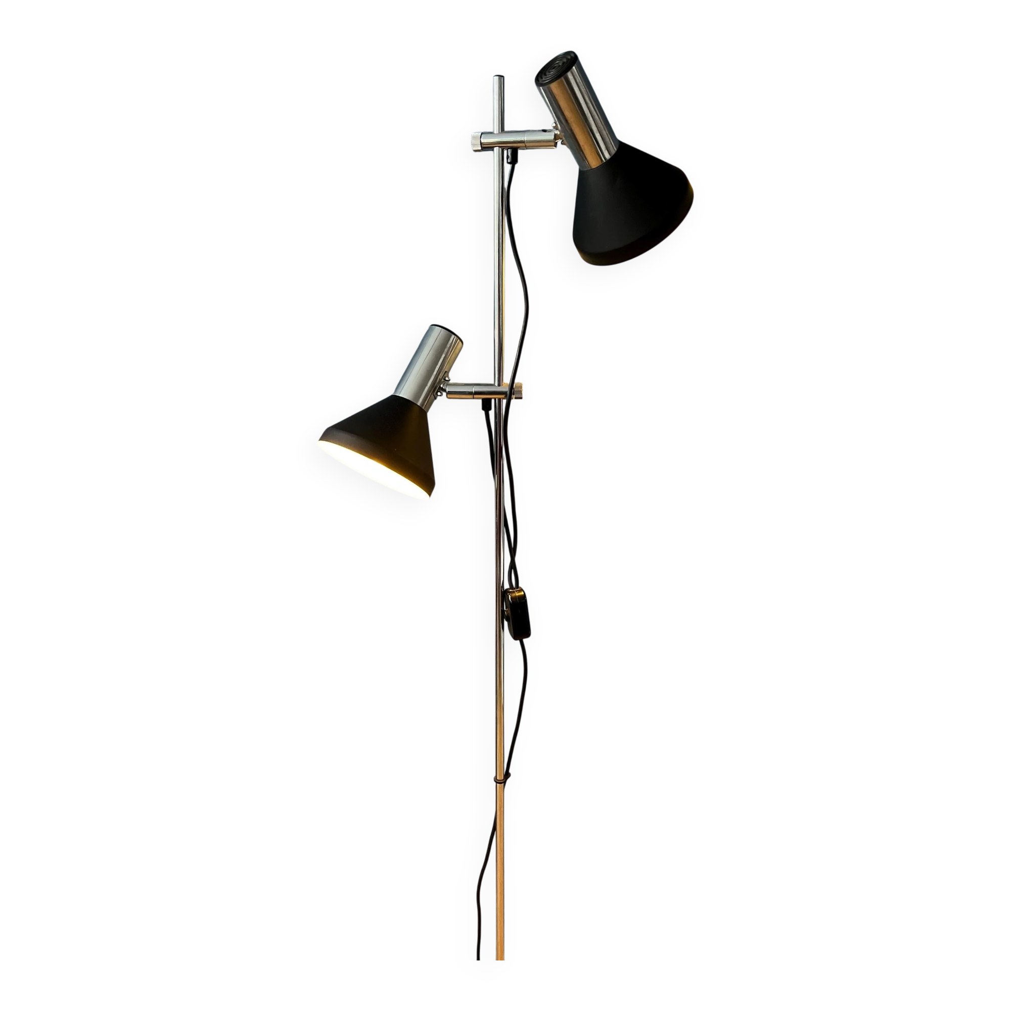 Mid-century black vintage floor lamp with two aluminium spots.