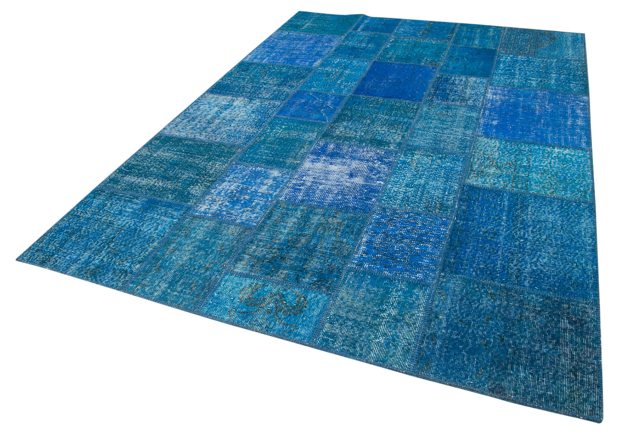 Handmade Anatolian Overdyed 206 cm x 298 cm Blue Patchwork Carpet