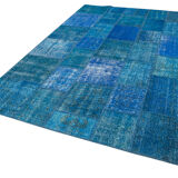 Handmade Anatolian Overdyed 206 cm x 298 cm Blue Patchwork Carpet