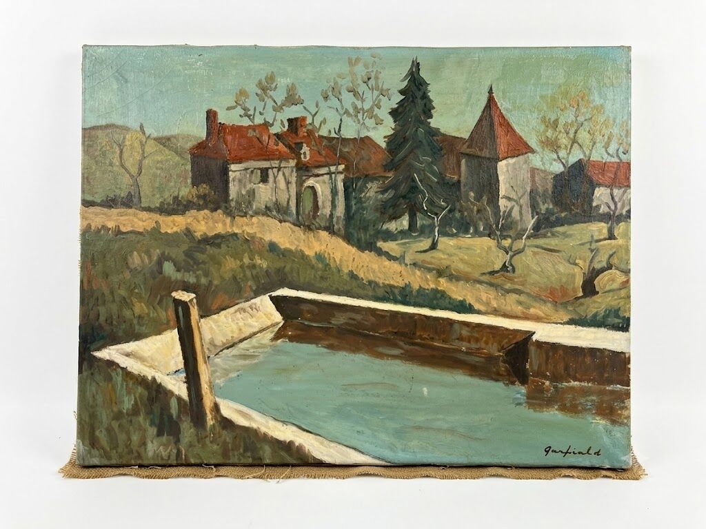 Provençal landscape tableau with a basin signed Janfield.