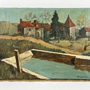 Tableau paysage provençal avec bassin signé Janfield