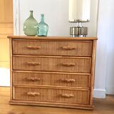 Commode 4 tiroirs vintage en rotin patiné années 80 bon état