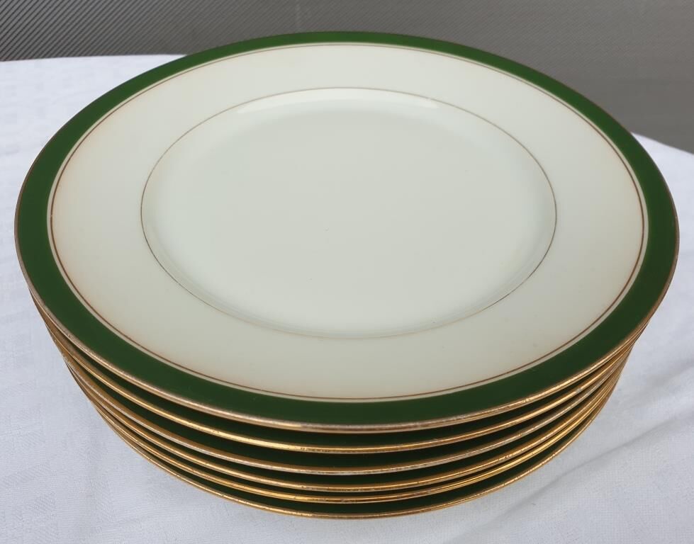 Set 6 porcelain plates Aux Lions de Faïence 1920 imperial green and gold