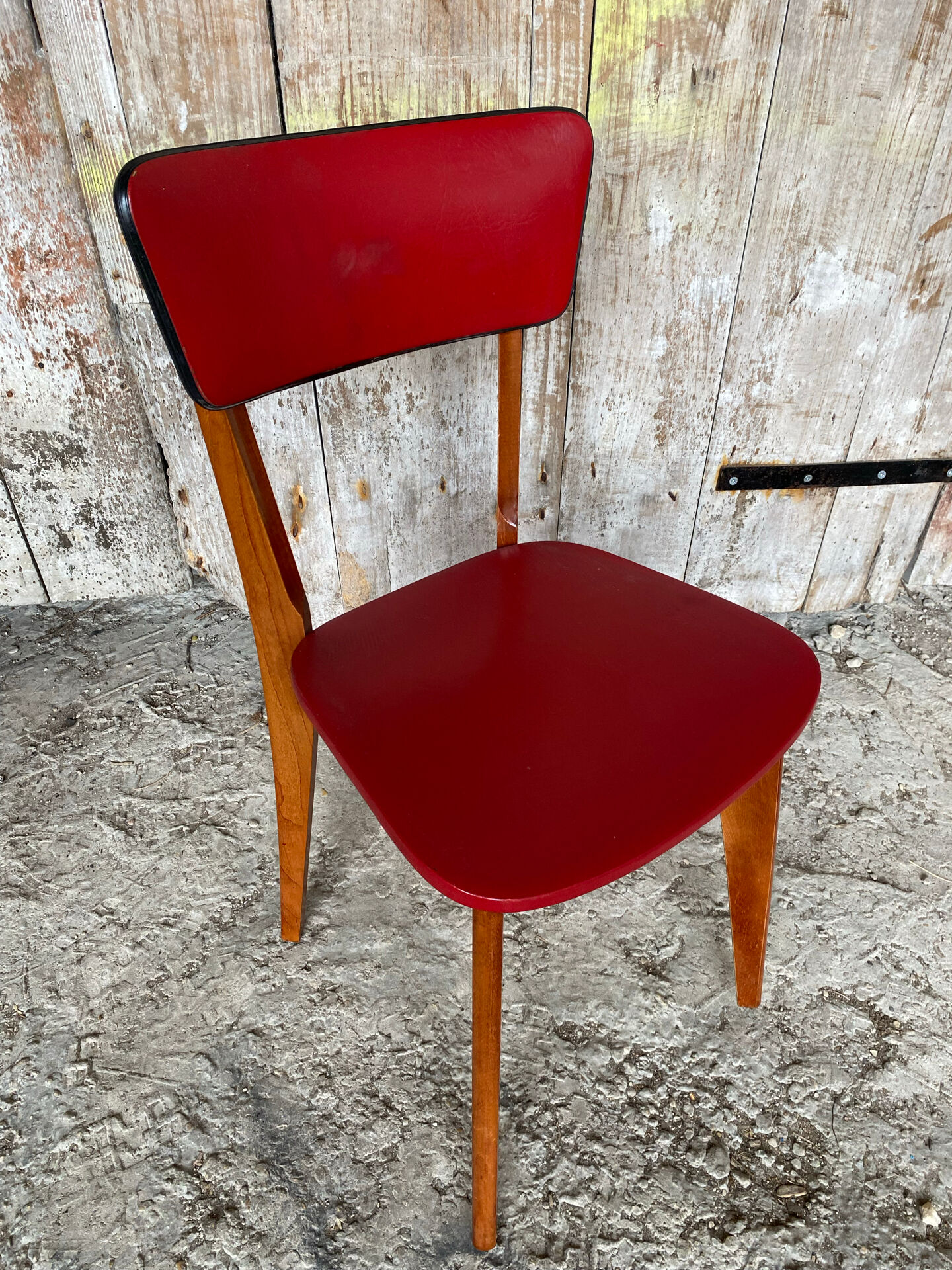 Vintage 1960s Scandinavian Chair Wood + Red Faux Leather
